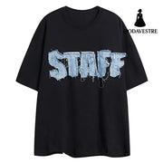 Letter Denim Patch Short Sleeve Men Clothing Black / L