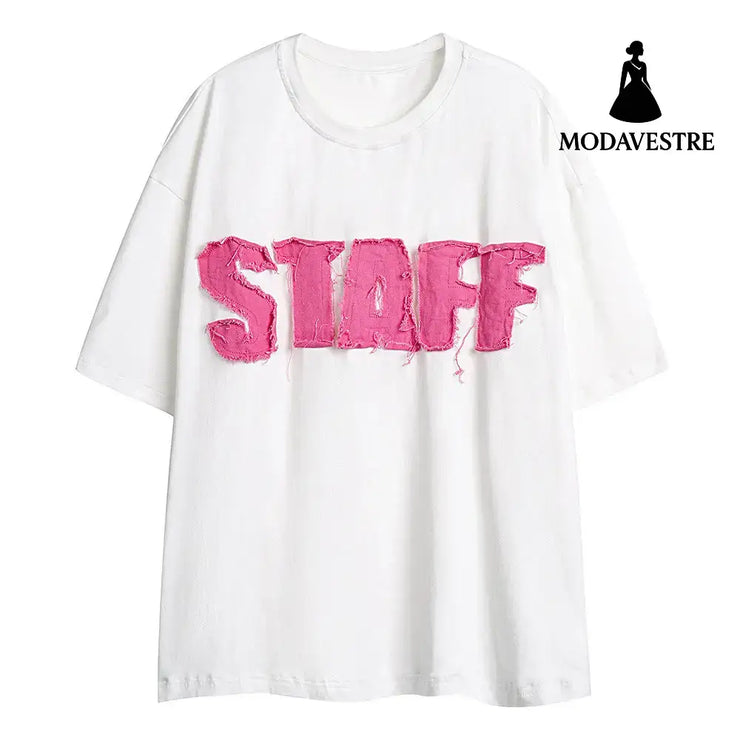 Letter Denim Patch Short Sleeve Men Clothing White / L