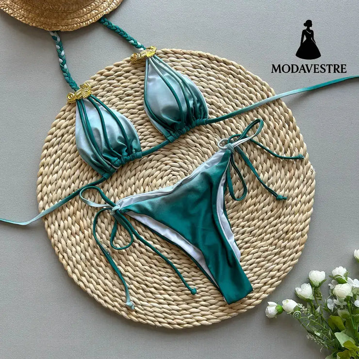 Light Green Tie-Dye Bikini Set – Gradient Two-Piece Women’s Swimsuit C4032 Dark Green / S