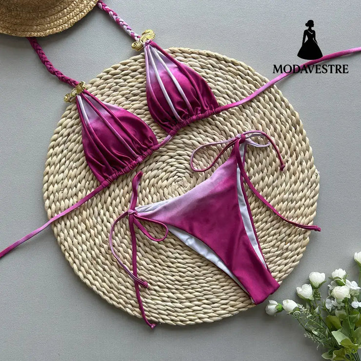 Light Green Tie-Dye Bikini Set – Gradient Two-Piece Women’s Swimsuit C4032 Purple / S