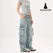 Light Wash Heavy Duty Cargo Denim Pants for Men and Women with Multiple Pockets