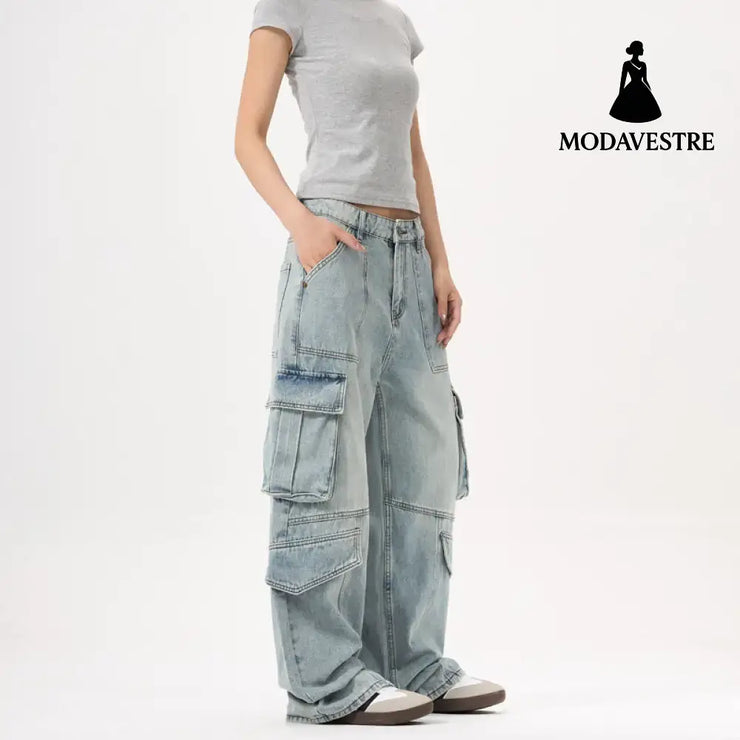Light Wash Heavy Duty Cargo Denim Pants for Men and Women with Multiple Pockets