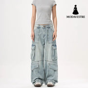 Light Wash Heavy Duty Cargo Denim Pants for Men and Women with Multiple Pockets