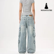 Light Wash Heavy Duty Cargo Denim Pants for Men and Women with Multiple Pockets