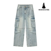 Light Wash Heavy Duty Cargo Denim Pants for Men and Women with Multiple Pockets