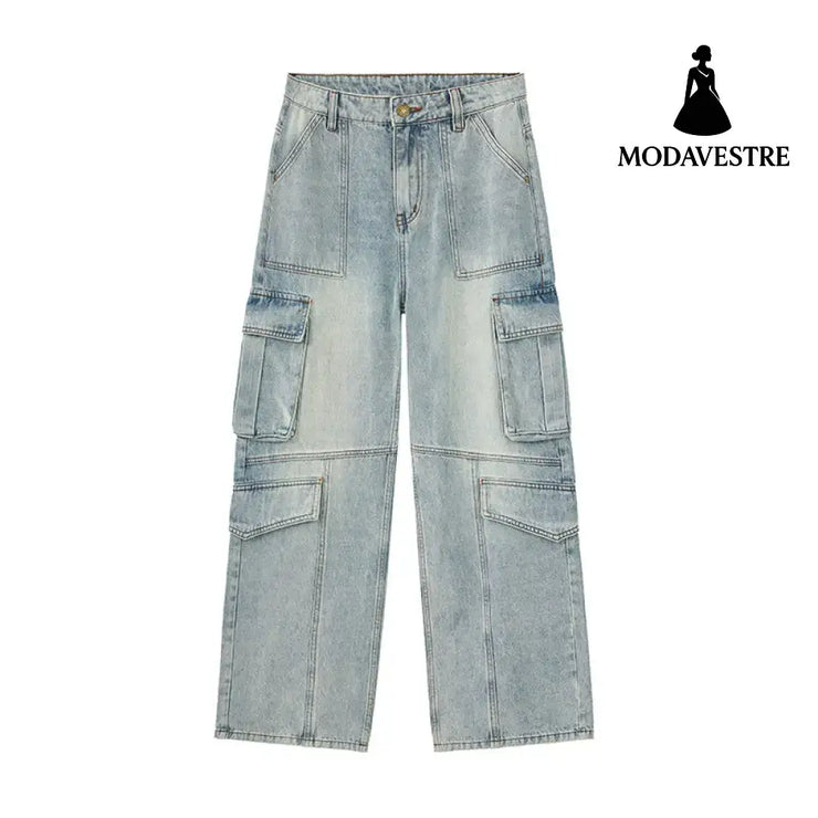 Light Wash Heavy Duty Cargo Denim Pants for Men and Women with Multiple Pockets