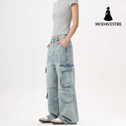 Light Wash Heavy Duty Cargo Denim Pants for Men and Women with Multiple Pockets