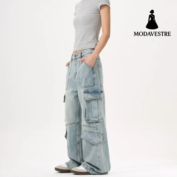 Light Wash Heavy Duty Cargo Denim Pants for Men and Women with Multiple Pockets