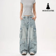 Light Wash Heavy Duty Cargo Denim Pants for Men and Women with Multiple Pockets Light Blue / XS