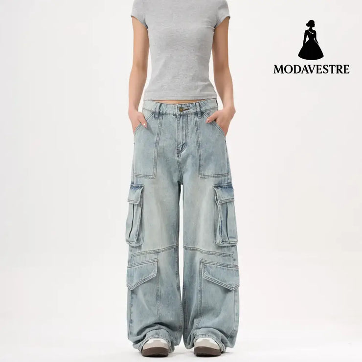 Light Wash Heavy Duty Cargo Denim Pants for Men and Women with Multiple Pockets Light Blue / XS