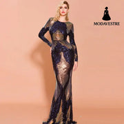 Long Sleeve Backless Sequin Dresses Female Maxi Multi Dress Blue / L