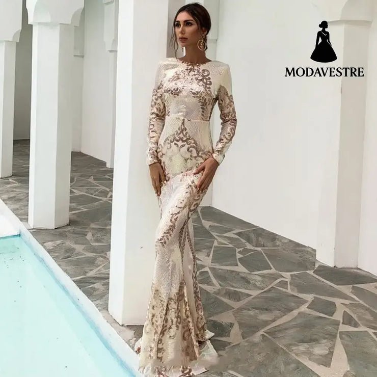 Long Sleeve Backless Sequin Dresses Female Maxi Multi Dress Gold / L