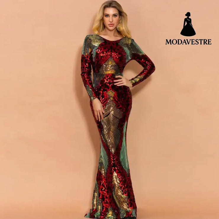 Long Sleeve Backless Sequin Dresses Female Maxi Multi Dress Red / L