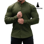 Long Sleeve Shirt Men Casual Button Down Slim Tops Solid Color Casual Mens Clothing Army Green / 2XL Shirt