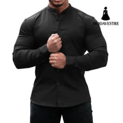 Long Sleeve Shirt Men Casual Button Down Slim Tops Solid Color Casual Mens Clothing Black / 2XL Shirt