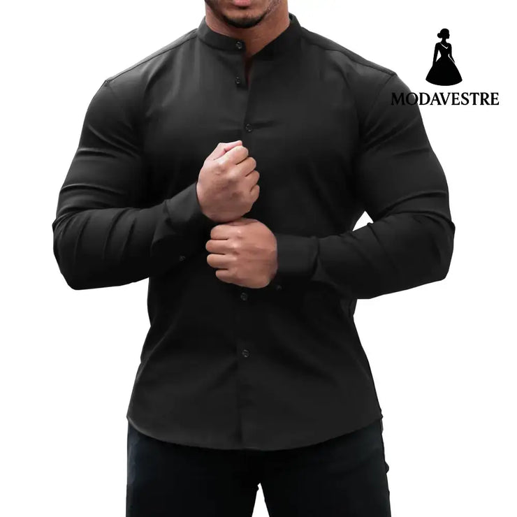 Long Sleeve Shirt Men Casual Button Down Slim Tops Solid Color Casual Mens Clothing Black / 2XL Shirt