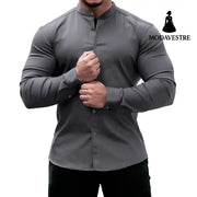 Long Sleeve Shirt Men Casual Button Down Slim Tops Solid Color Casual Mens Clothing Dark Gray / 2XL Shirt