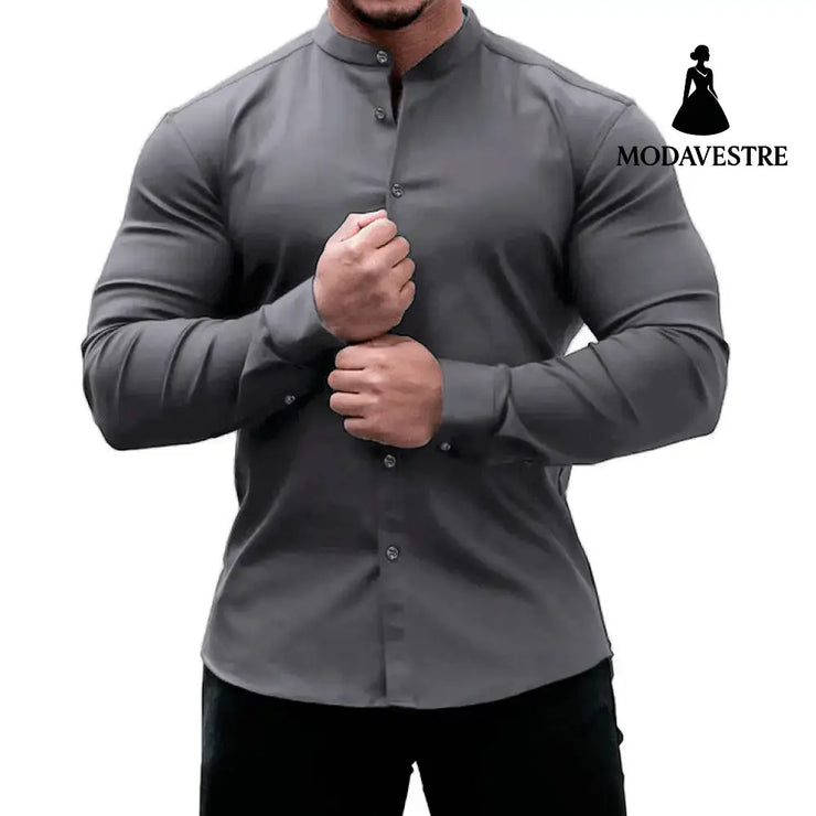 Long Sleeve Shirt Men Casual Button Down Slim Tops Solid Color Casual Mens Clothing Dark Gray / 2XL Shirt