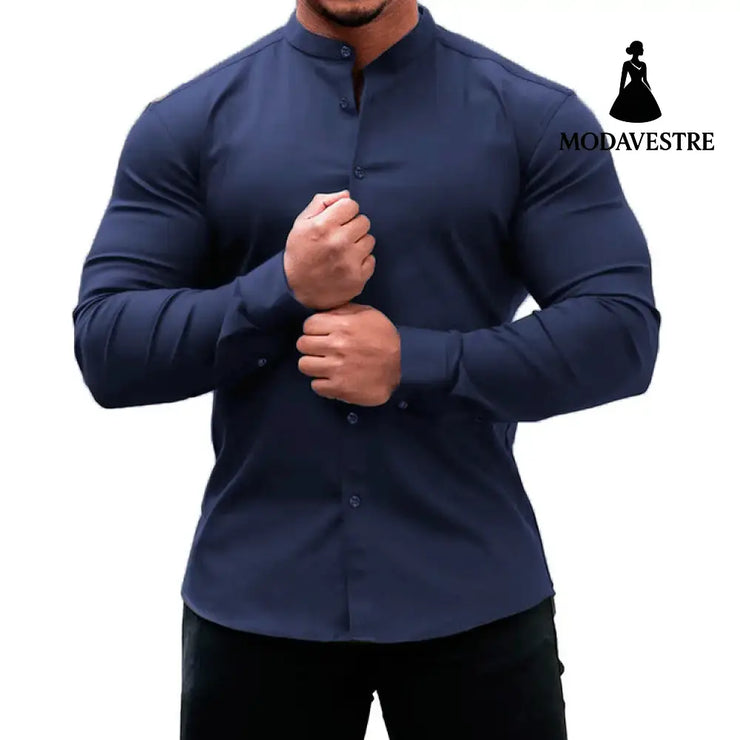 Long Sleeve Shirt Men Casual Button Down Slim Tops Solid Color Casual Mens Clothing Navy Blue / 2XL Shirt