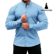Long Sleeve Shirt Men Casual Button Down Slim Tops Solid Color Casual Mens Clothing Sky Blue / 2XL Shirt