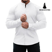 Long Sleeve Shirt Men Casual Button Down Slim Tops Solid Color Casual Mens Clothing White / 2XL Shirt