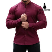 Long Sleeve Shirt Men Casual Button Down Slim Tops Solid Color Casual Mens Clothing Wine Red / 2XL Shirt
