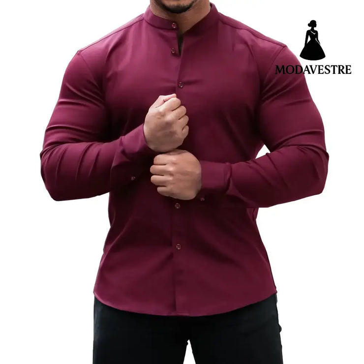 Long Sleeve Shirt Men Casual Button Down Slim Tops Solid Color Casual Mens Clothing Wine Red / 2XL Shirt