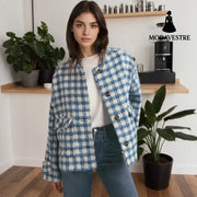 Loose Casual Fashion Plaid Women’s Coat Blue And White Plaid / L Coat