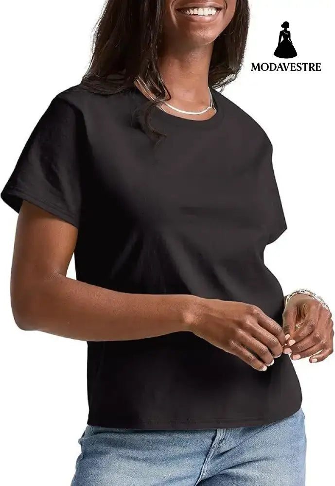 Loose Solid Color Short Sleeve Women’s Summer Casual Crew Neck Top Black / L Etek