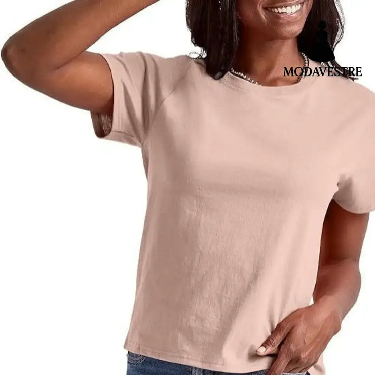 Loose Solid Color Short Sleeve Women’s Summer Casual Crew Neck Top Etek