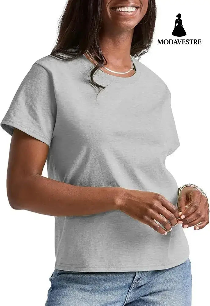 Loose Solid Color Short Sleeve Women’s Summer Casual Crew Neck Top Gray / L Etek