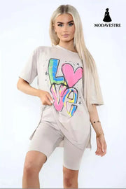 Love Side Slit Cycling Short And T-Shirts Co-Ord Two Piece Set With Front Love Slogan Beige / One Size / One