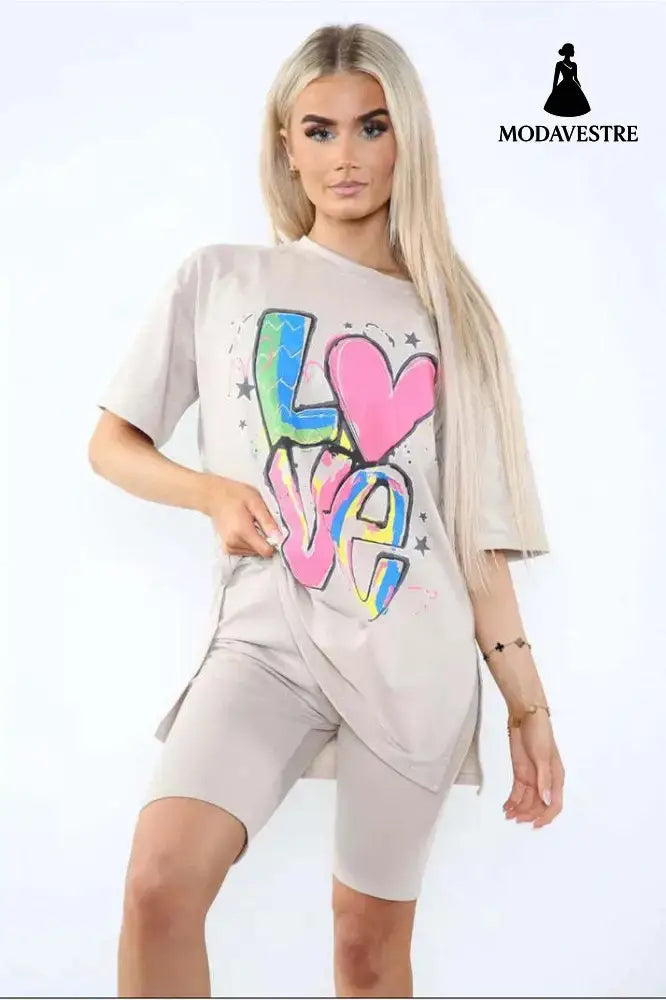 Love Side Slit Cycling Short And T-Shirts Co-Ord Two Piece Set With Front Love Slogan Beige / One Size / One