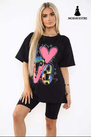 Love Side Slit Cycling Short And T-Shirts Co-Ord Two Piece Set With Front Love Slogan Black / One Size / One