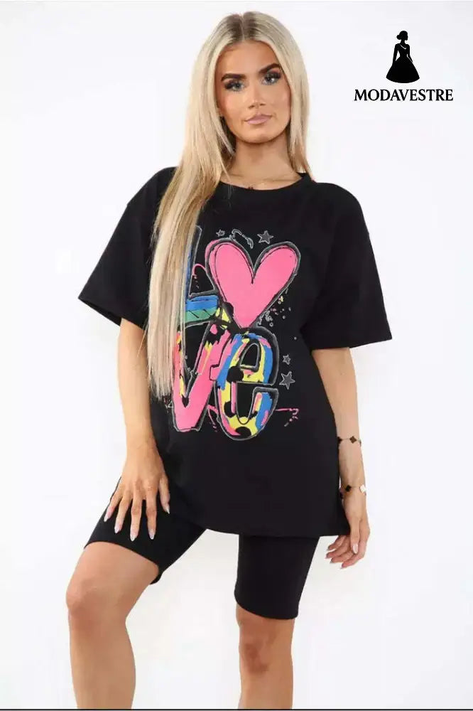 Love Side Slit Cycling Short And T-Shirts Co-Ord Two Piece Set With Front Love Slogan Black / One Size / One