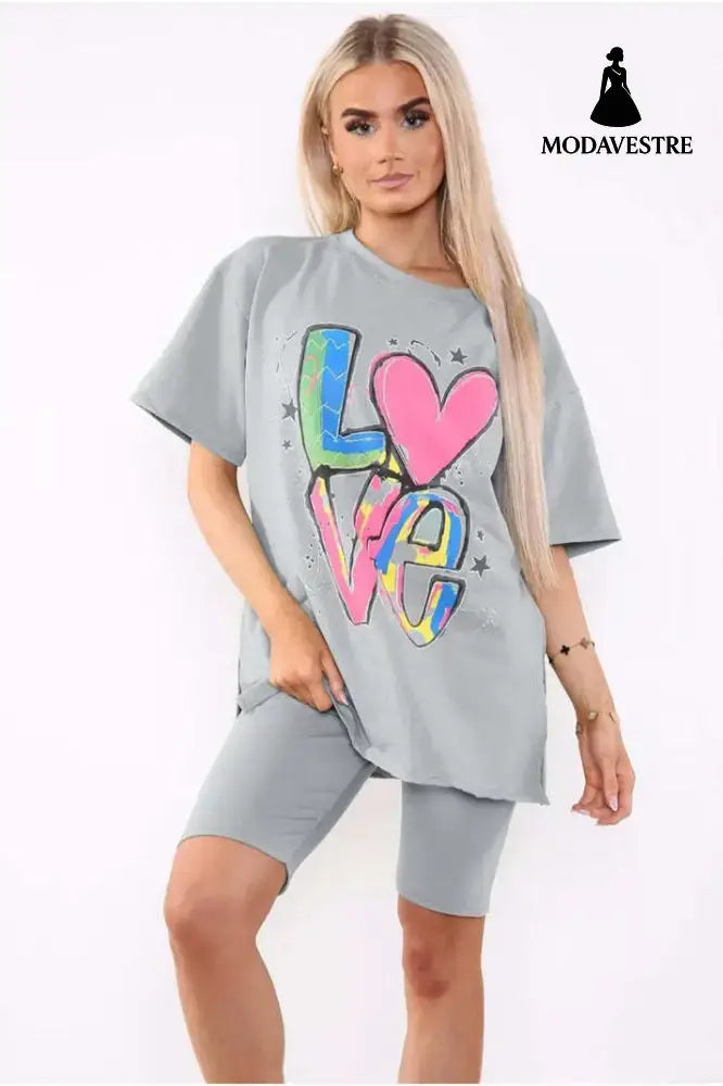 Love Side Slit Cycling Short And T-Shirts Co-Ord Two Piece Set With Front Love Slogan Grey / One Size / One