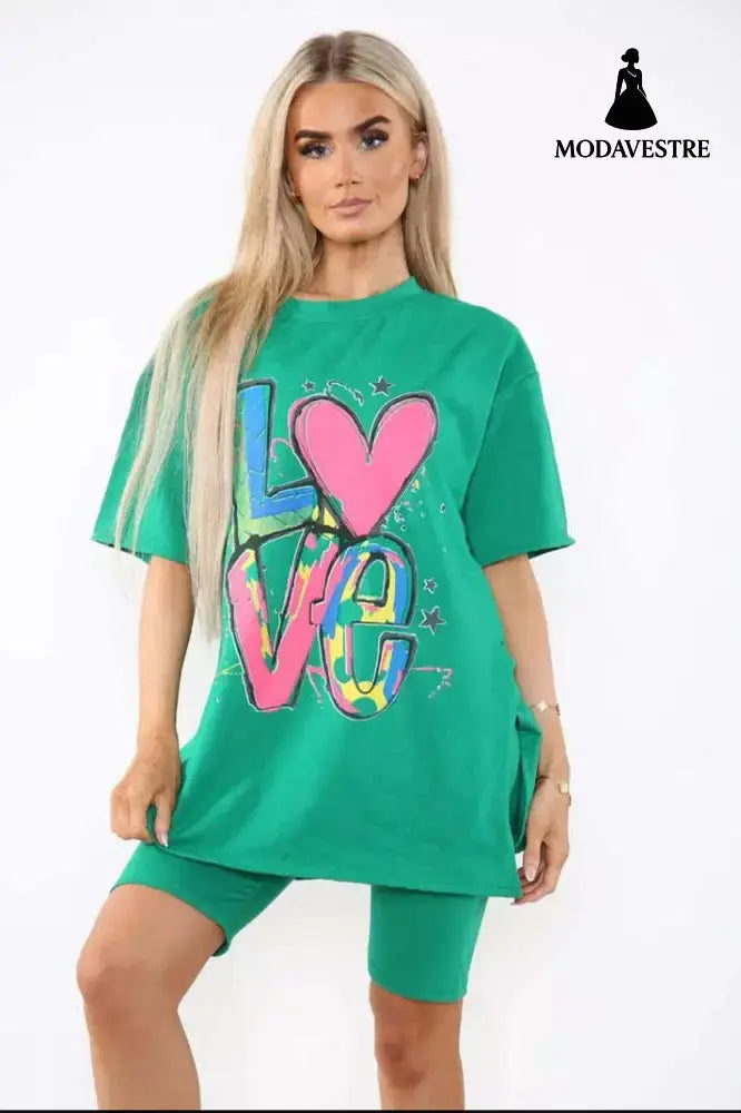 Love Side Slit Cycling Short And T-Shirts Co-Ord Two Piece Set With Front Love Slogan Jade Green / One Size / One