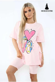 Love Side Slit Cycling Short And T-Shirts Co-Ord Two Piece Set With Front Love Slogan Pink / One Size / One