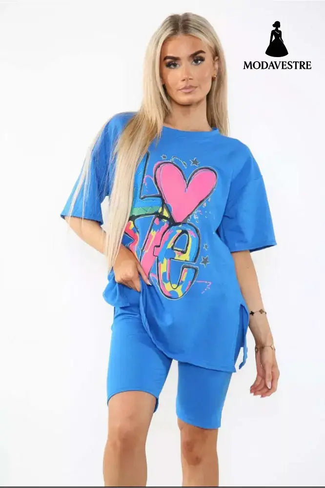 Love Side Slit Cycling Short And T-Shirts Co-Ord Two Piece Set With Front Love Slogan Royal Blue / One Size / One