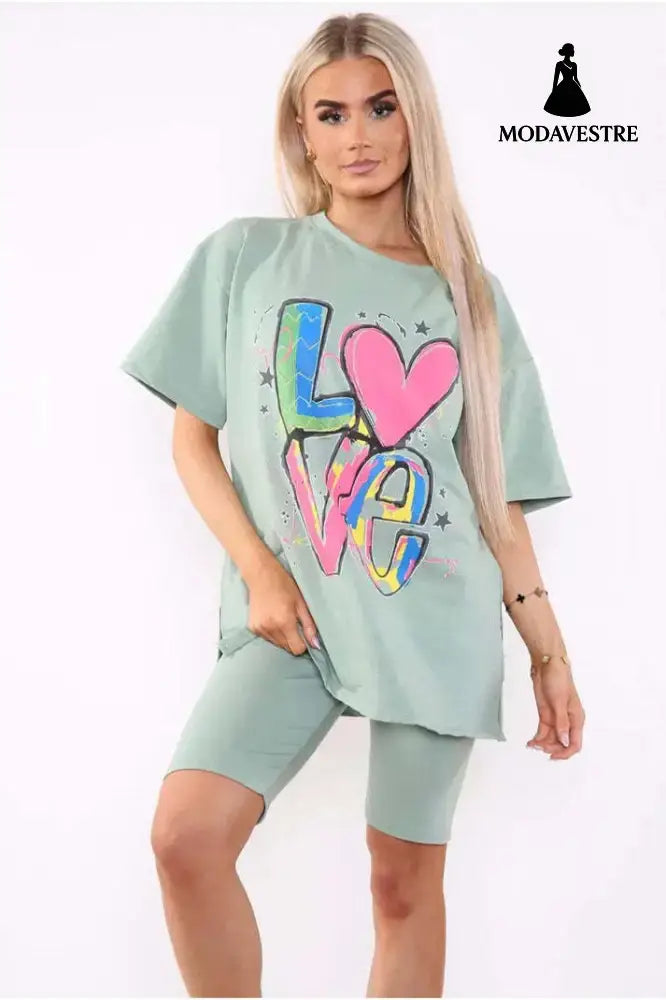 Love Side Slit Cycling Short And T-Shirts Co-Ord Two Piece Set With Front Love Slogan Sage Green / One Size / One