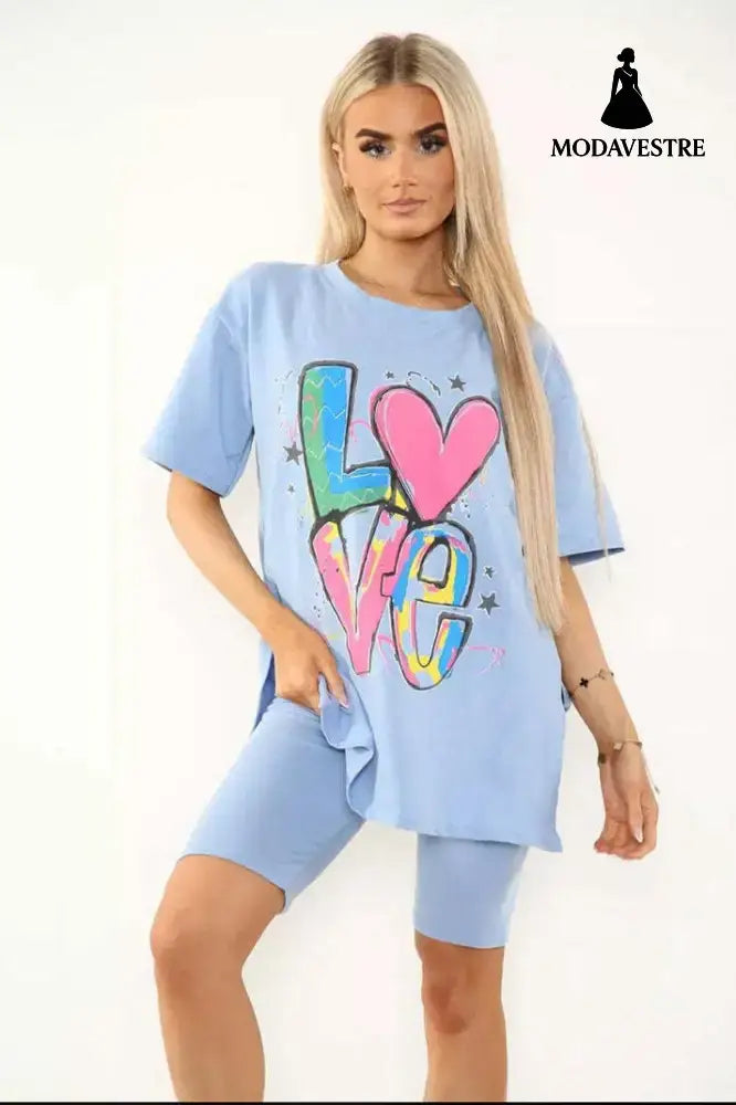 Love Side Slit Cycling Short And T-Shirts Co-Ord Two Piece Set With Front Love Slogan SkyBlue / One Size / One