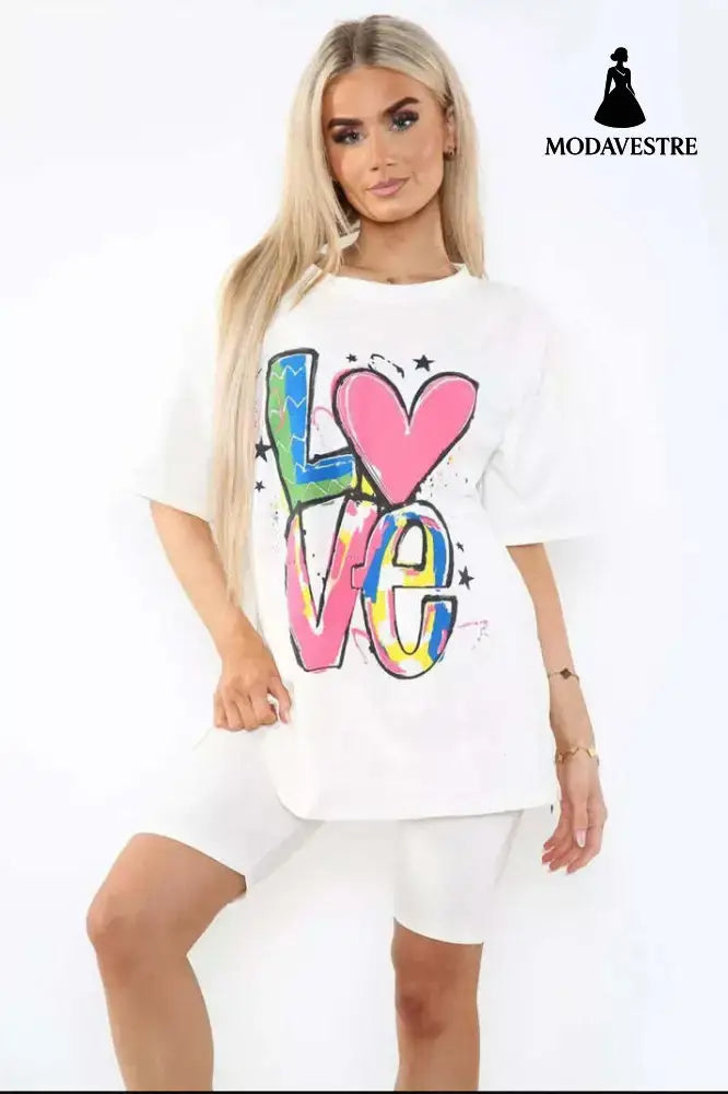 Love Side Slit Cycling Short And T-Shirts Co-Ord Two Piece Set With Front Love Slogan White / One Size / One