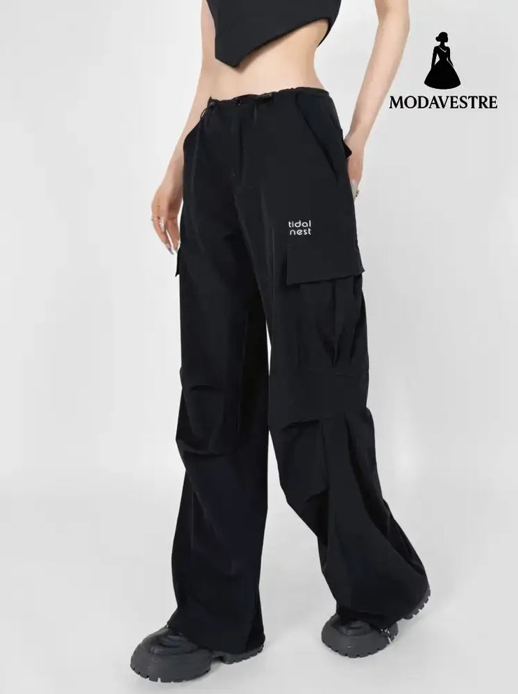 Low waisted drawstring loose compression wide leg pants Black / S