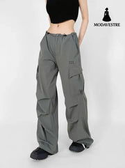 Low waisted drawstring loose compression wide leg pants Gray / S