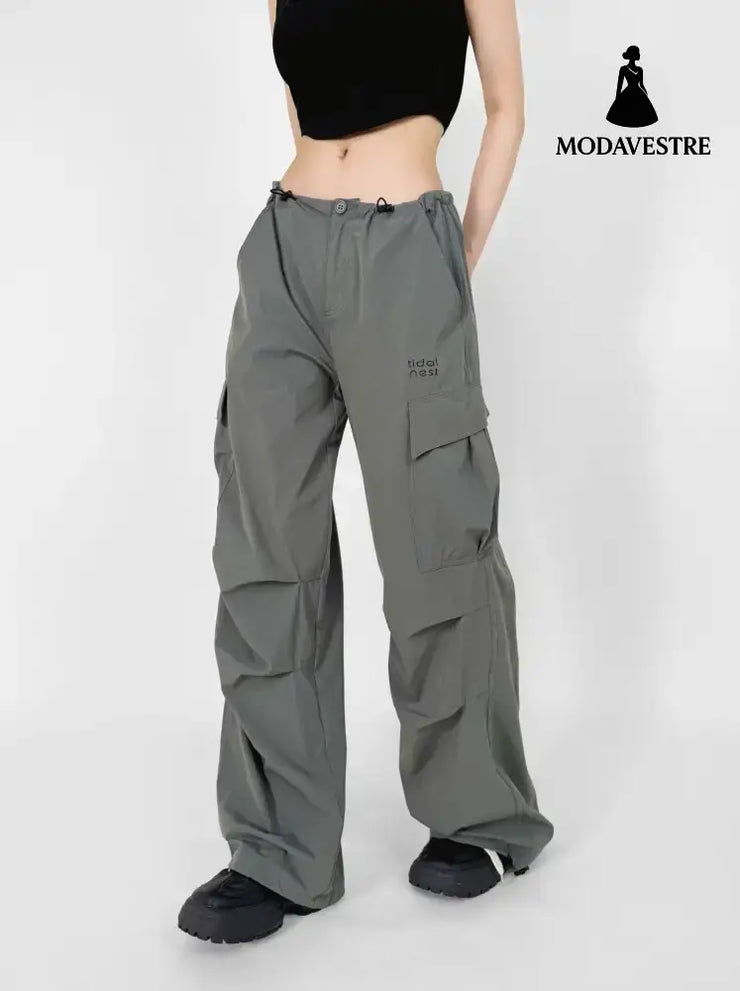 Low waisted drawstring loose compression wide leg pants Gray / S