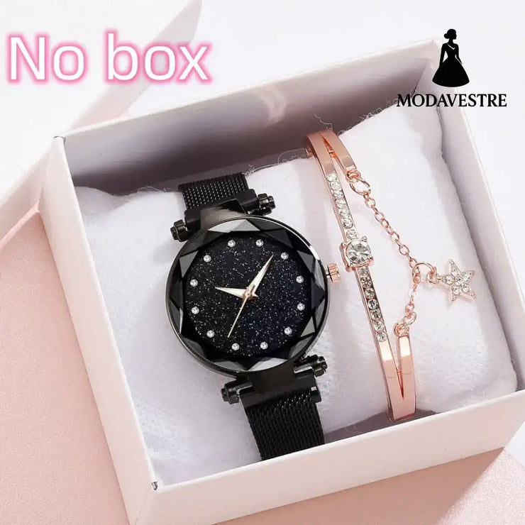 Luxury Women Watches Bracelet Set Fashion Elegant Magnet Buckle Ladies Starry Sky Watch Set Relogio Black Watch