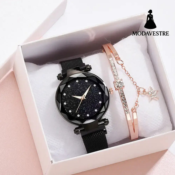 Luxury Women Watches Bracelet Set Fashion Elegant Magnet Buckle Ladies Starry Sky Watch Set Relogio Black Watch