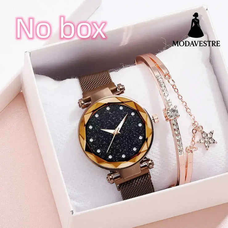 Luxury Women Watches Bracelet Set Fashion Elegant Magnet Buckle Ladies Starry Sky Watch Set Relogio Coffee Watch