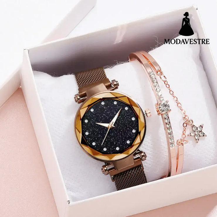 Luxury Women Watches Bracelet Set Fashion Elegant Magnet Buckle Ladies Starry Sky Watch Set Relogio Coffee Watch