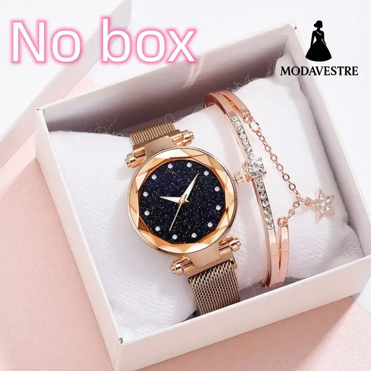 Luxury Women Watches Bracelet Set Fashion Elegant Magnet Buckle Ladies Starry Sky Watch Set Relogio Gold+ Bracelet